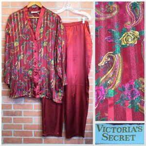 Victorias Secret Vintage Floral Paisley Satin Pajama Set Burgundy Multicolor L